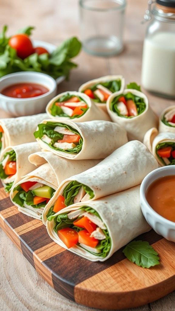 Tortilla Sandwich Wraps Recipe Tortilla sandwich wraps filled with turkey, cheese, spinach, and tomatoes, arranged on a wooden platter.